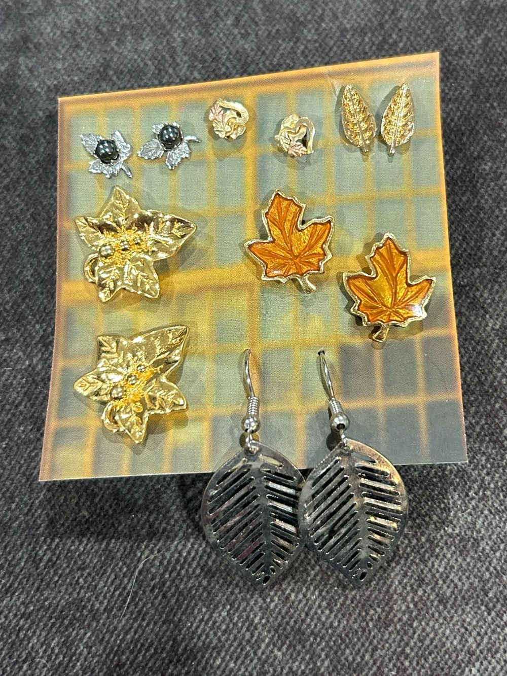 Gold and Orange Leaf Stud and Dangle Earring Set - Women Jewelry